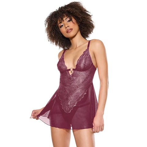 PINK PUSSYCAT BABYDOLL & THONG - LARGE - BURGUNDY