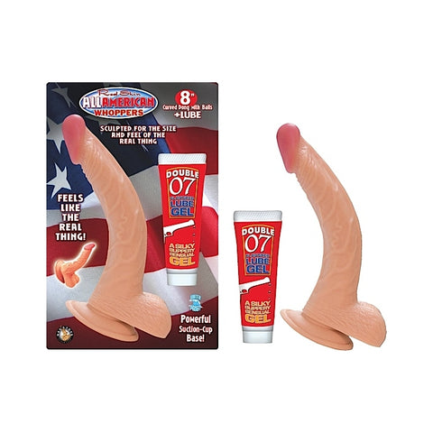 ALL AMERICAN WHOPPERS 8IN CURVED DONG W/BALLS & LUBE-FLESH