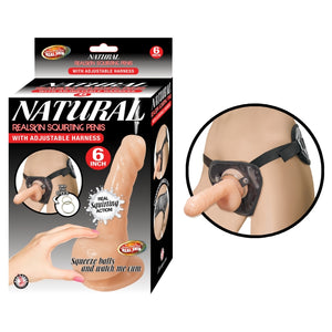 NATURAL REALSKIN SQUIRTING PENIS W/ADJUSTABLE HARNESS 6"-FLESH