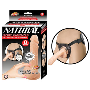 NATURAL REALSKIN SQUIRTING PENIS W/ADJUSTABLE HARNESS 8"-FLESH